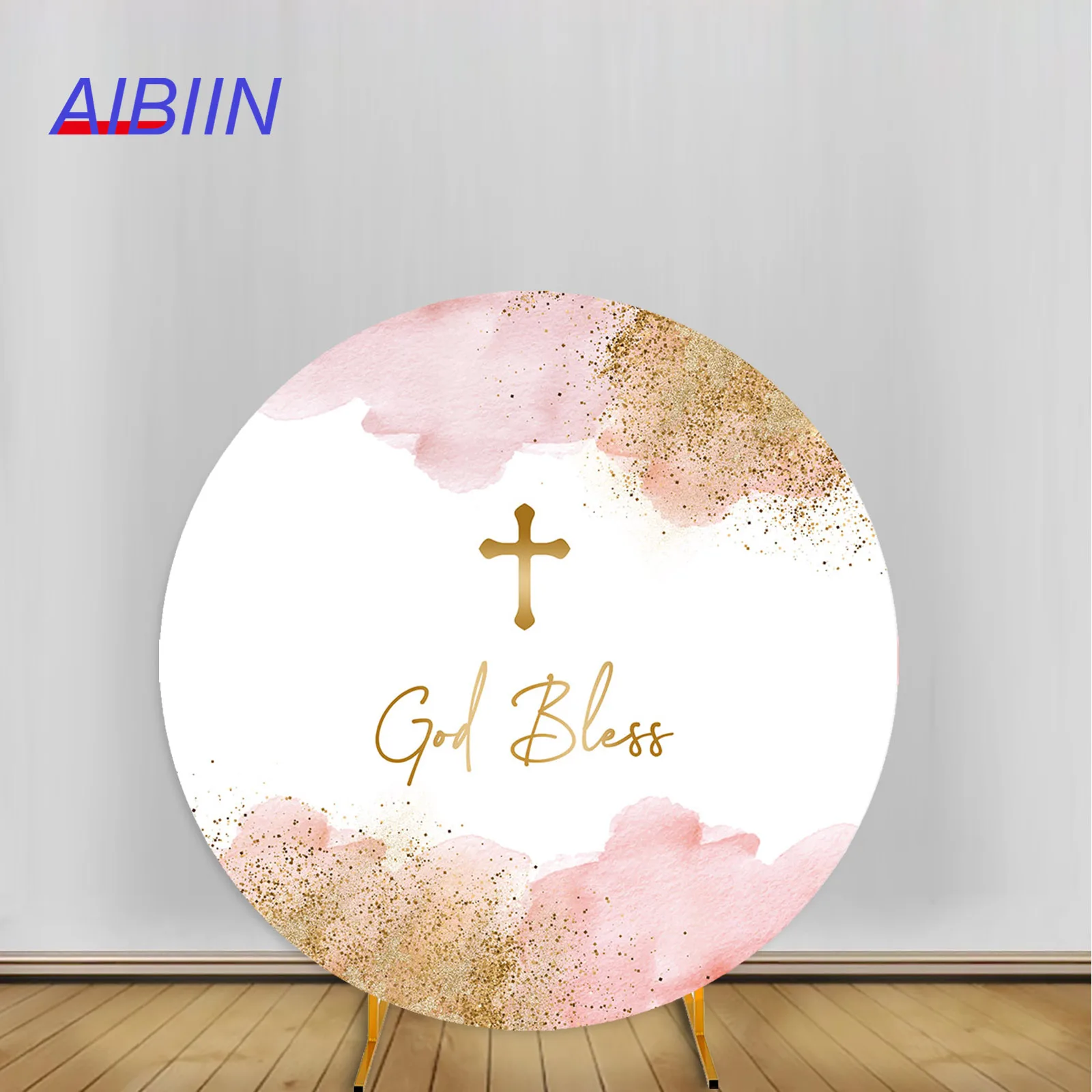 

AIBIIN Round Arch Backdrop Cover Baptism First Holy Communion God Bless Party Decor Gold Cross Pigeon Photography Background