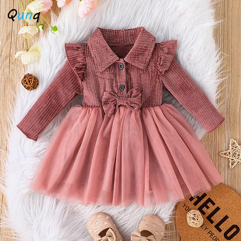 

Qunq 2023 Autumn New Girls Solid Long Sleeve Turn-down Collar Mesh Patchwork Lovely Princess Dress Casual Kids Clothes Age 1T-3T