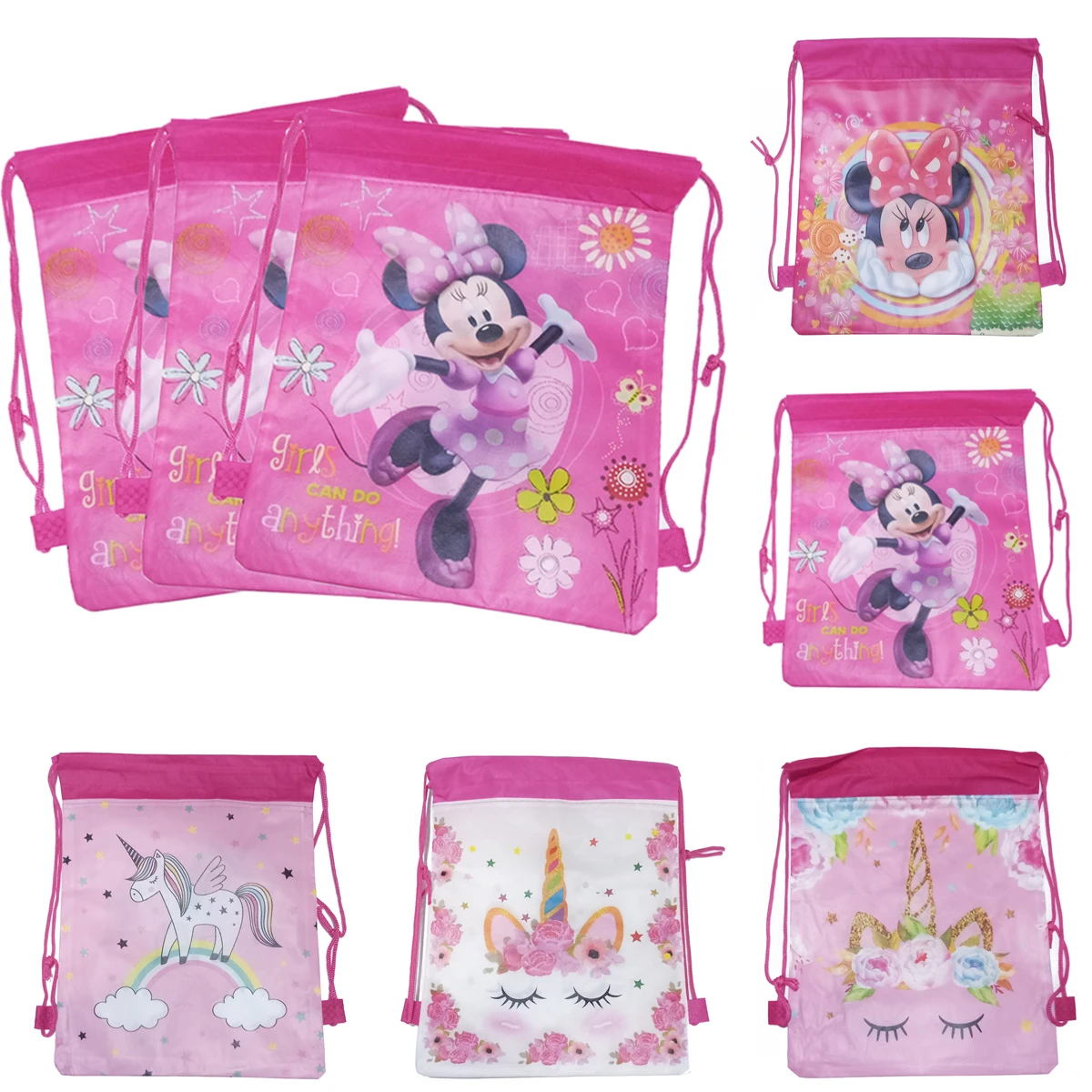 

12Pcs/lot Disney Minnie Mickey Birthday Party Non-Woven Drawstring Bag High Quality Travel Frozen Storage Bag