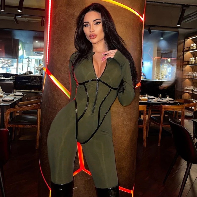 

Womens Jumpsuits Full Sleeve Zipper Bright Line Decoration Close-fitting Playsuits Sporty 2023New Fall and Winter Clothes Y2K378