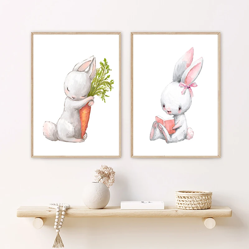 

Diligent Bunny Watercolor Animal Cartoon Wall Art Canvas Painting Nordic Poster Pictures For Nursery Girl Bedroom Decor