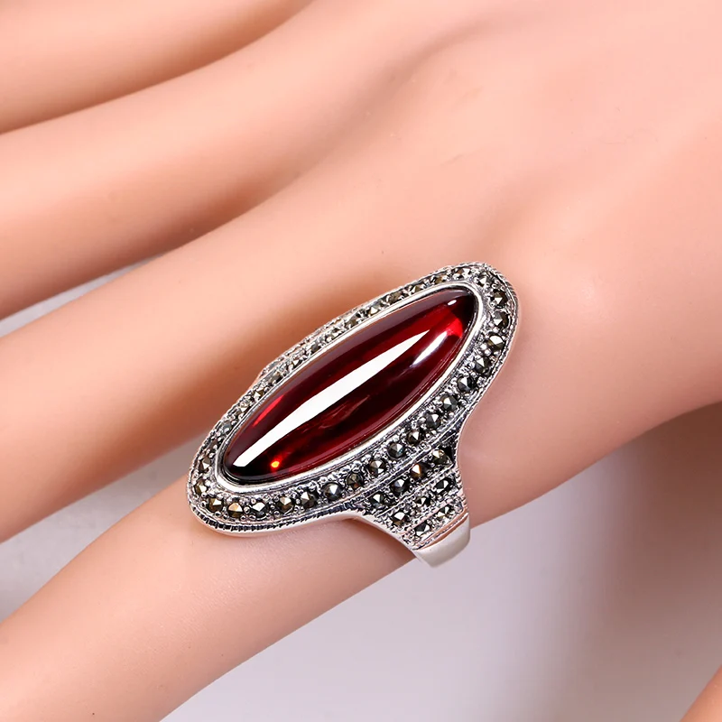 

ZHJIASHUN Royal 100% 925 Sterling Silver Natural Garnet Long Rings For Women Vintage Gemstone Ruby Ring Silver Jewelry