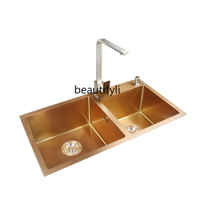 

Stainless Steel Rose Gold Sink Kitchen Nano Handmade Double Slot under Counter Washing Basin Sink