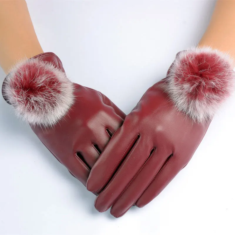 

1Pair New Winter Soft Mittens Warm PU Leather Rabbit Female Gloves Touches Screen Women Gloves