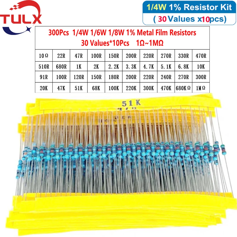 

300Pcs/Pack 30 Values 1/4W 1/6W 1/8W 1% Metal Film Resistors Kit 10Ohm-680OR-1k-680k-1M High Precision Resistance Set Assortment