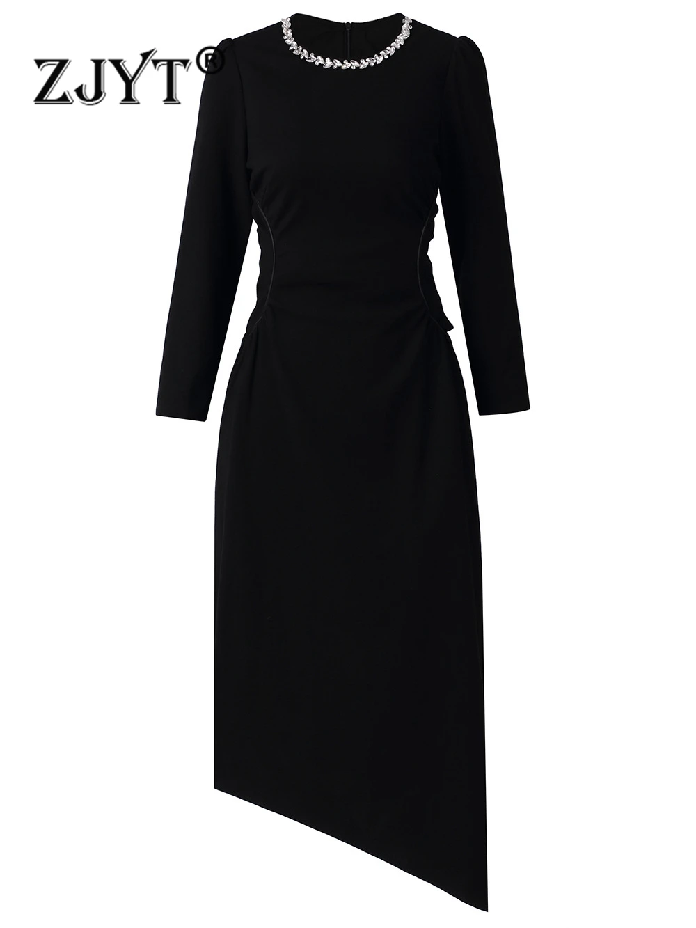 

ZJYT Elegant Luxury Diamonds Black Party Dresses for Women 2023 Fashion Long Sleeve Ruched Asymmetrical Vestidos Cocktail Robe
