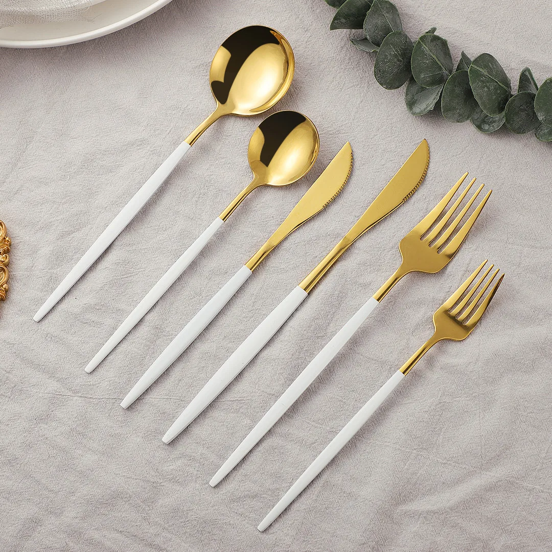 White Gold Cutlery Set 6Pcs Mirror Stainless Steel Dinnerware Fork Spoon Knive Kitchen Tableware Set Flatware Dishwasher Safe
White Gold Cutlery Set 6Pcs Mirror Stainless Steel Dinnerware Fork Spoon Knive Kitchen Tableware Set Flatware Dishwasher Safe