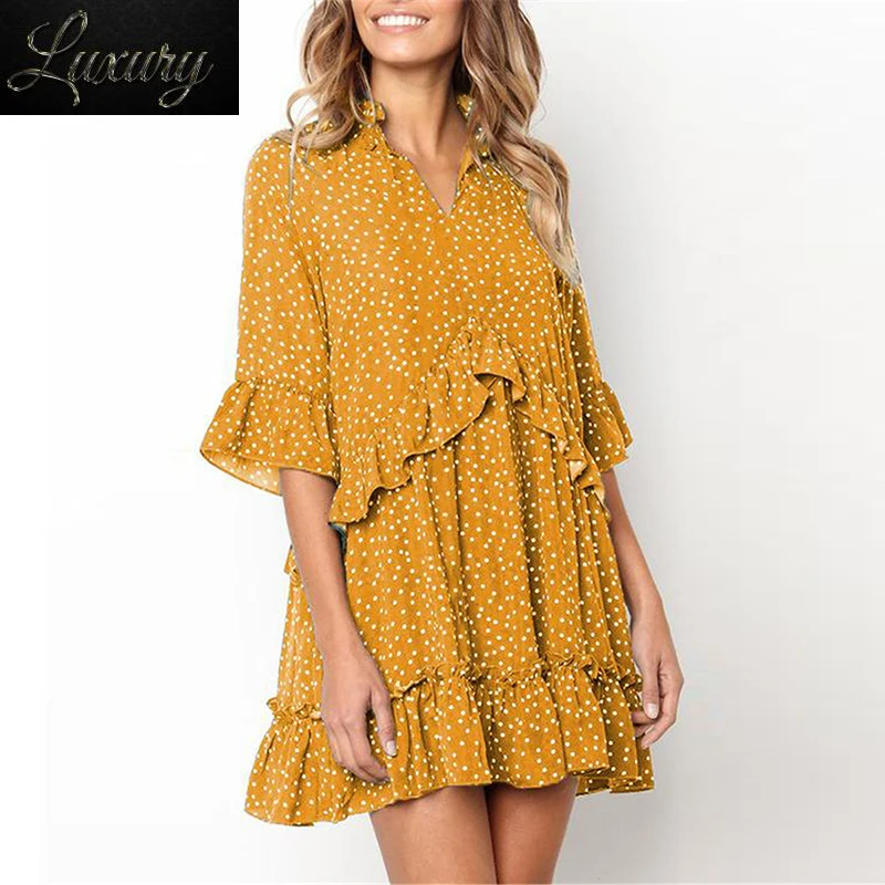 Ruffles Yellow Polka Dot Dress Women 2024 Summer Sweet V Neck Printed Flare Half Sleeve Mini Female Retro es
Ruffles Yellow Polka Dot Dress Women 2024 Summer Sweet V Neck Printed Flare Half Sleeve Mini Female Retro es