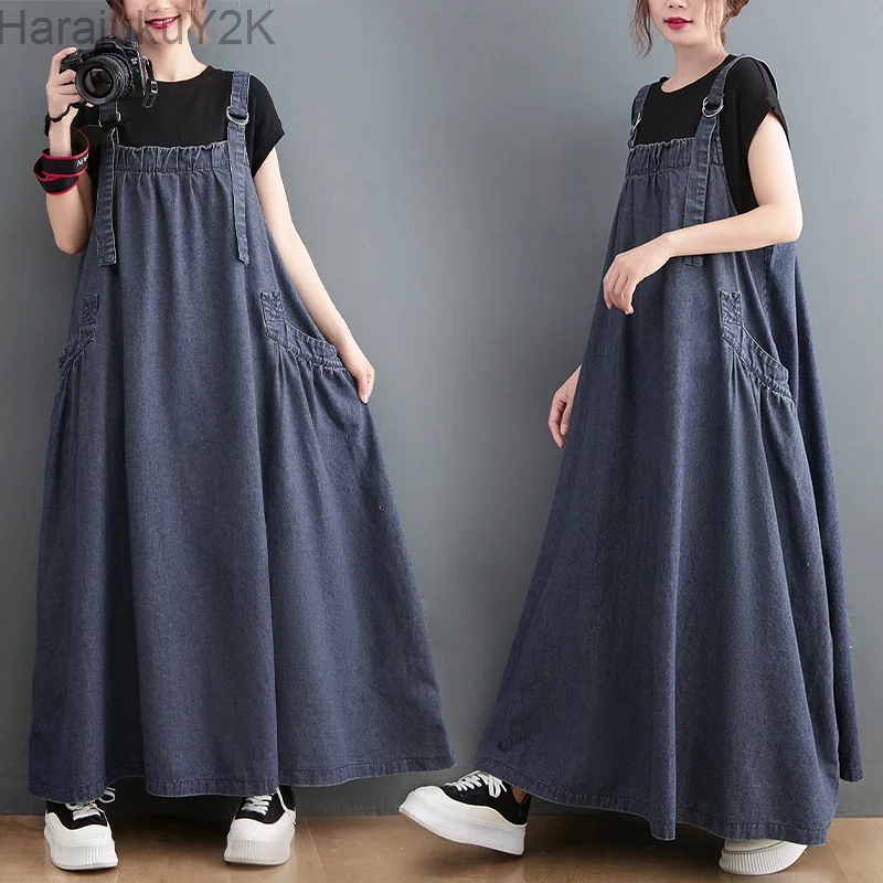 

Spring Summer New Women Denim Suspender Long Skirt Loose Casual Punk Vintage Style Cargo Female Popular Large Swing Dress