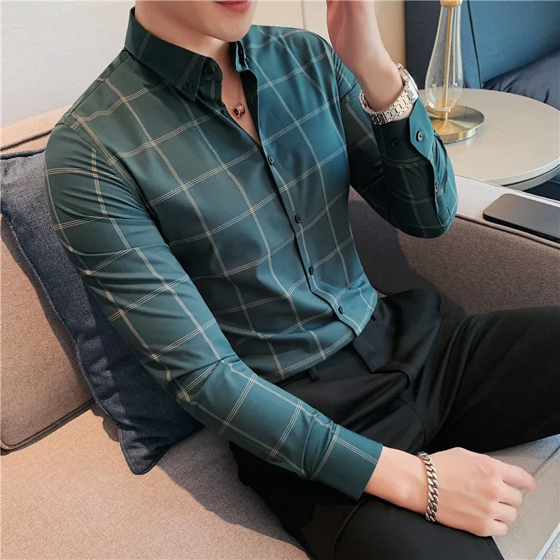 

2023 Spring Business Casual Plaid Shirt Men's Formal Workwear Wedding Dress Slim Social Party Clothes Checked Shirt S-4XL