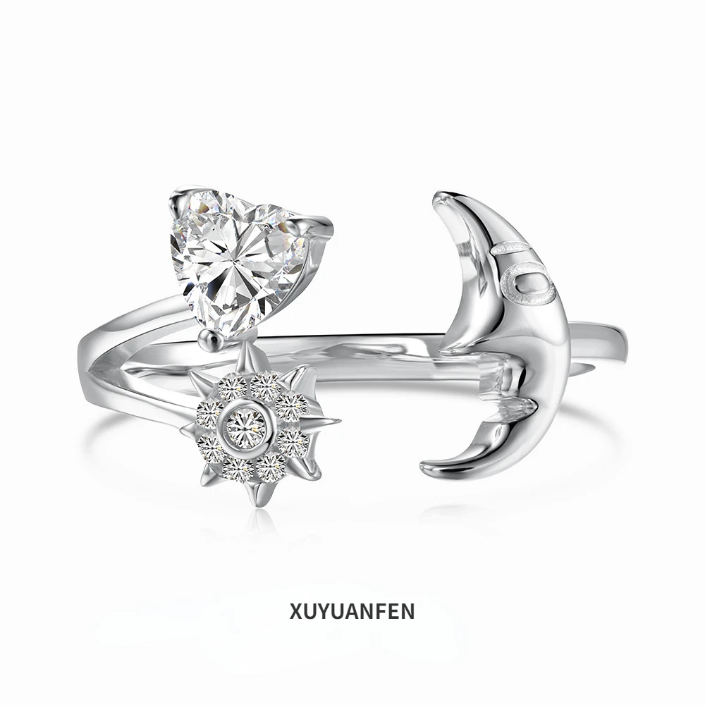 

XUYUANFEN Japanese and Korean Light Luxury New S925 Sterling Silver Ring Female Moon Star Love Zircon Inlaid Fashion Women's