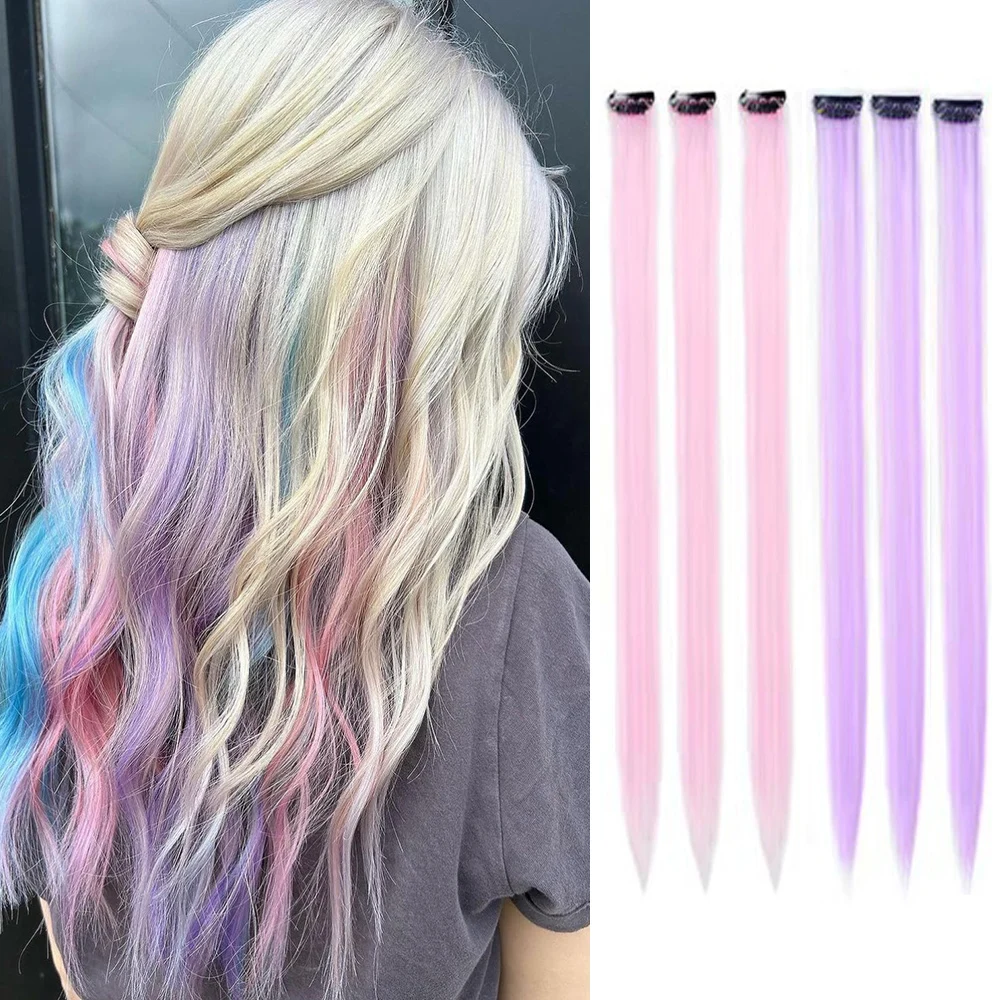 

6pcs/pack Clip in Hair Extensions Colored Party Highlights for Girls 22 inches Multi-colors Straight Hair Synthetic Hairpieces