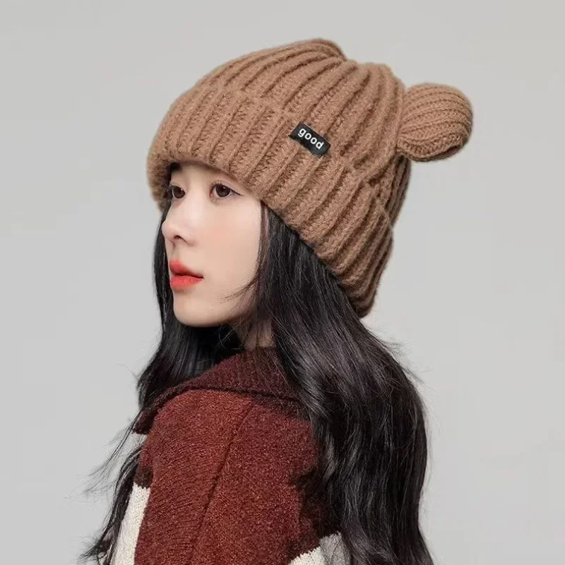 

Bonnets For Women Fashion Korean Cat Panda Ear Knitted Hats Ladies Autumn Winter Warm Thick Beanies Caps Gorro Women Hat