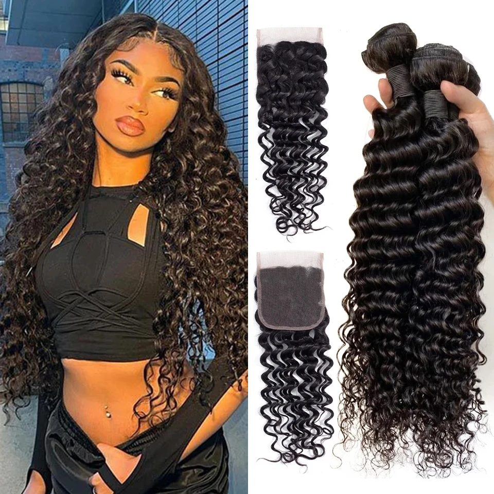 

30 Inch Deep Wave Bundles With Closure 5x5 Lace Frontal With Bundles Deep Curly Peruvian Remy Human Hair Extensions