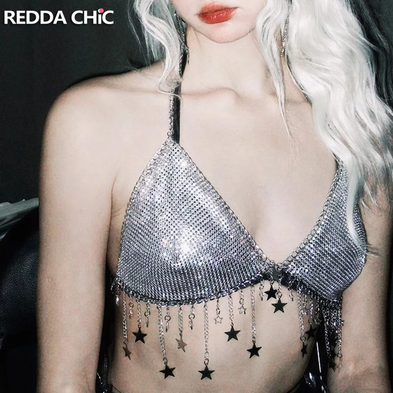 

REDDACHiC Star Charms Fringe Bikini Bra Top Women Metallic Silver Halter Backless Sparkle Party Raves Body Chain Sexy Underwear