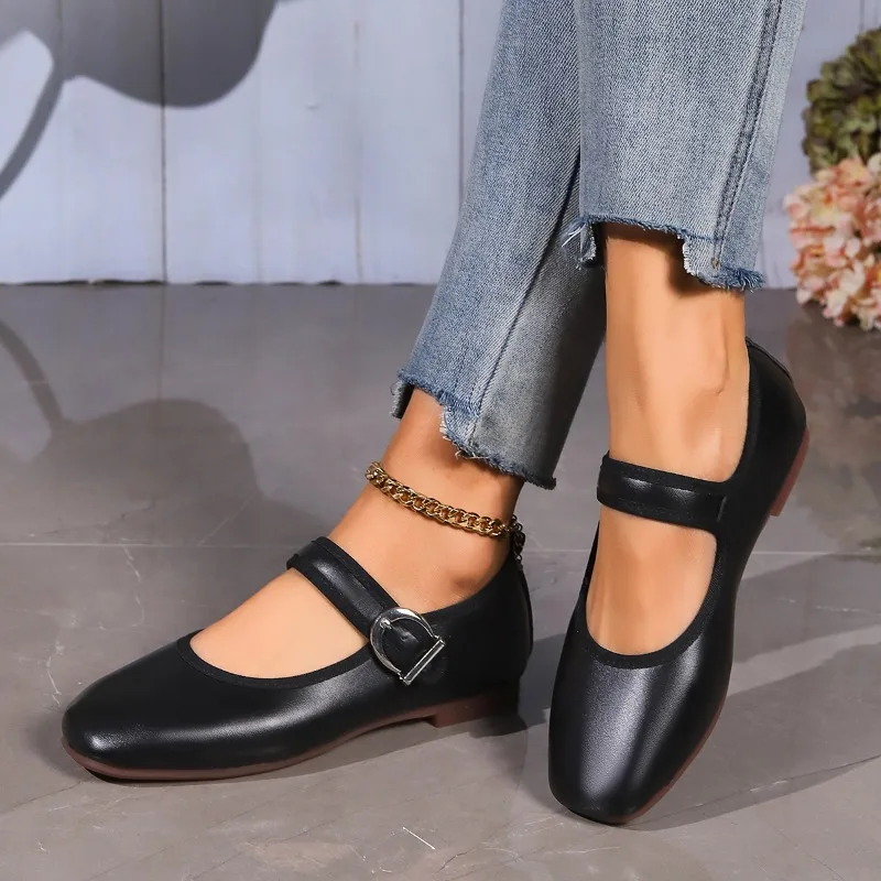 

Retro Spring Woman Square Toe Solid Lolita Loafers Black Ballerina Party Flats Elegant Mary Jane Kawaii Barefoot Shoes