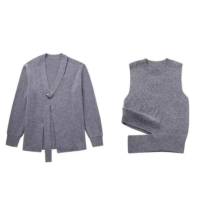 

Woman Fashion Gray Irregular V Neck Knit Cardigan 2023 Autumn Girls Casual Loose Soft Cardigans Female Asymmetric Knitwear