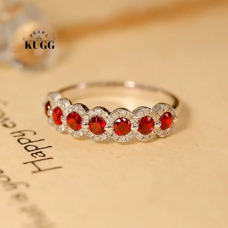 

KUGG 18K White Gold Rings Romantic Shiny Design Real Natural Ruby and Diamond Gemstone Ring for Women High Wedding Jewelry