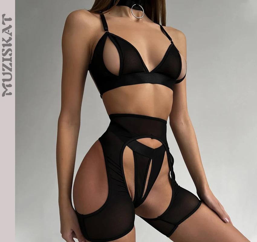 

MUZISKAT Sexy Solid Colour Splicing Mesh Lingerie See-Through Hollowed Out Beauty Back Low-Cut Erotic Four-Piece Set Onlyfans