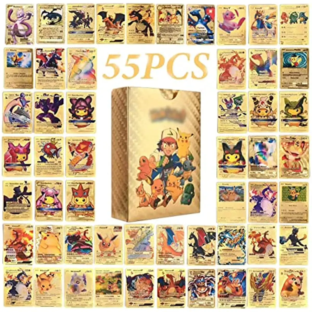 

Pokemon 55 PCS Gold Cards Packs Vmax DX GX Rare Golden Cards, TCG Deck Box Gold Foil Card Assorted Cards for Kids Birthday Party