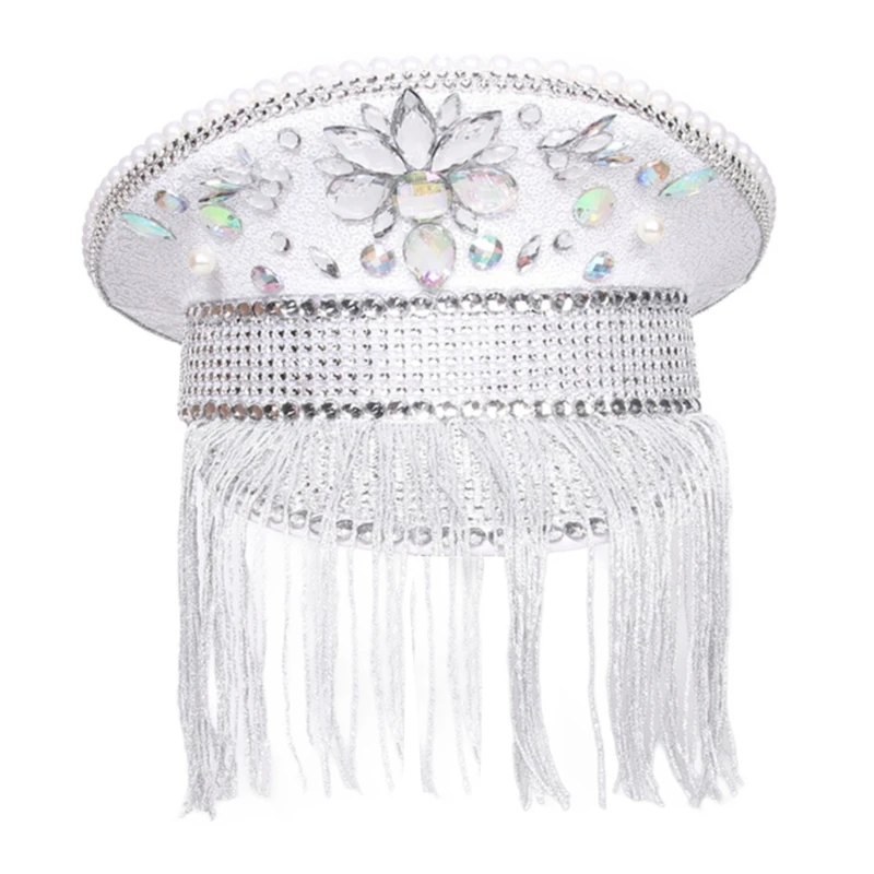 

Diamond-studded Captain Hat Heavy Crystal Hat with Tassels for Girl Boys Hat for Carnivals Music Festival H9ED