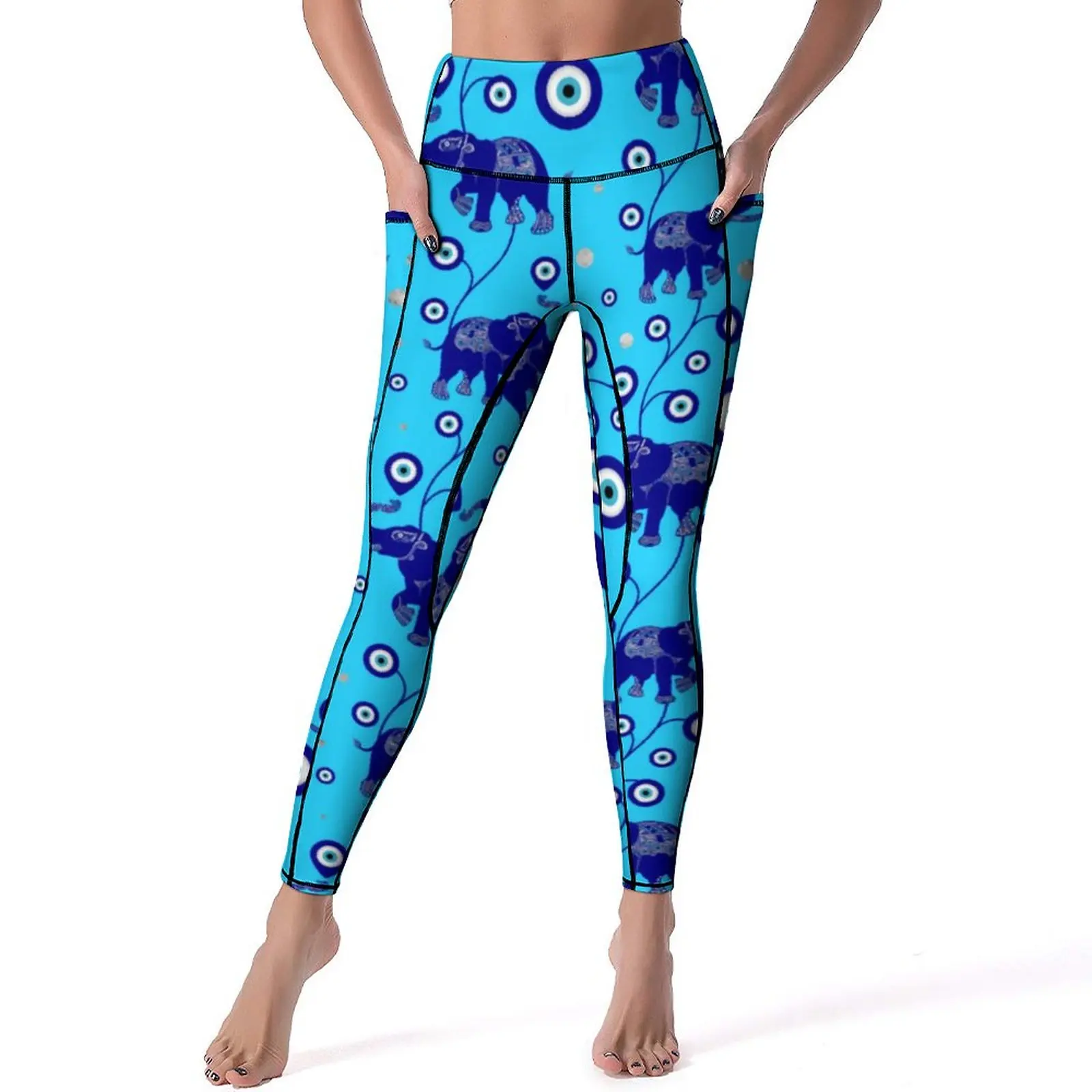 

Elephant Evil Eye Leggings Blue Amulet Print High Waist Yoga Pants Aesthetic Stretch Yoga Legging Lady Graphic Gym Sports Tights