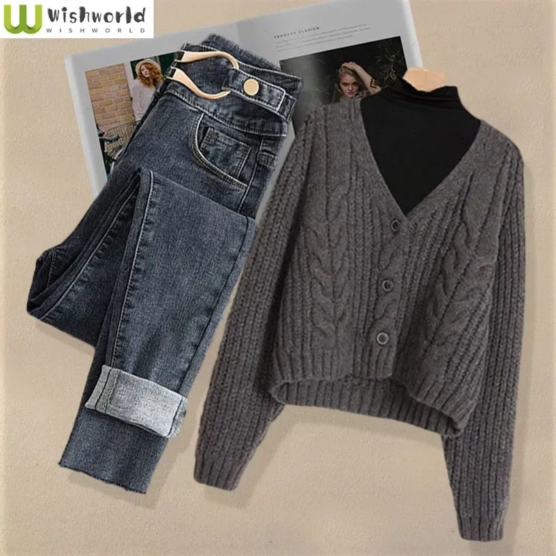 

Autumn and Winter Women's Set 2022 New Slouchy Knitted Cardigan Sweater Age Reducing Jeans Elegant Women's Two Piece Set