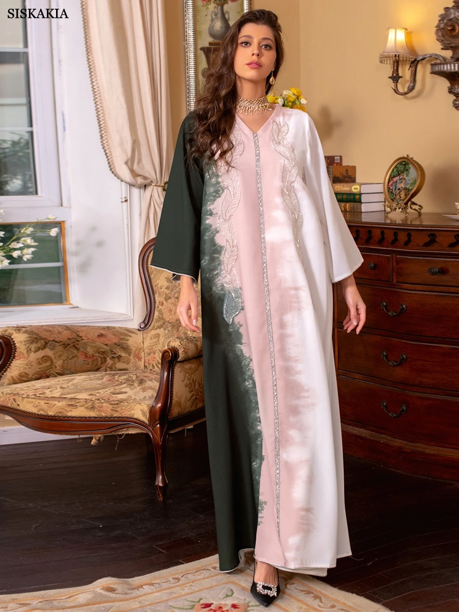 

Siskakia Dubai Fashion Tie Dyeing Contrast Color Beading Diamonds Long Sleeve V-Neck Casual Abaya Moroccan African Women Robe