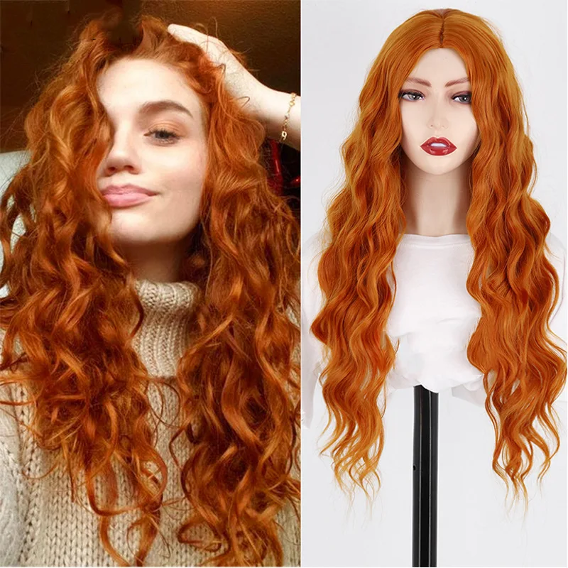 

European and American orange yellow wig female small lace wig water ripple chemical fiber long curly hair full headgear wigs