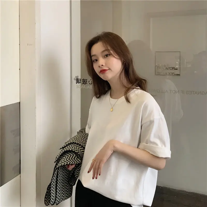 Summer New Minimalist Solid Color Korean Round Neck White Short Sleeved T-shirt Women Loose Casual Versatile Pure Cotton Top Ins
Summer New Minimalist Solid Color Korean Round Neck White Short Sleeved T-shirt Women Loose Casual Versatile Pure Cotton Top Ins