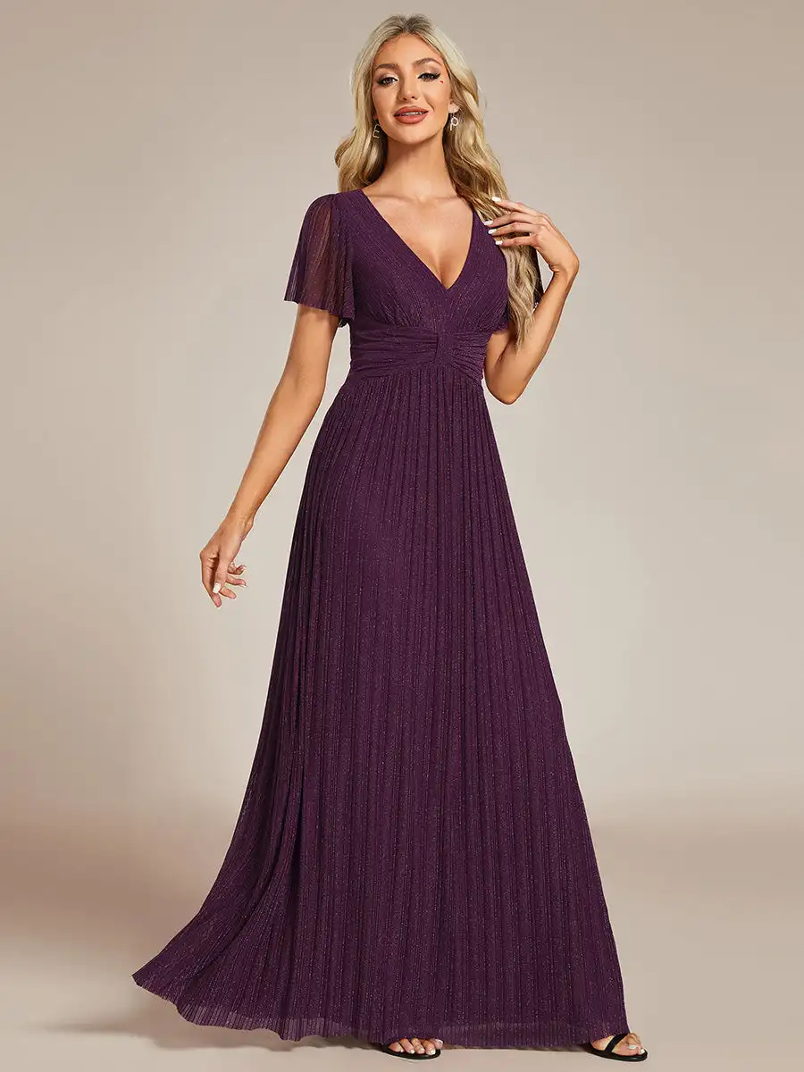 

Elegant Evening Dresses Glittery Deep V Neck Bowknot Waist Mesh Fabric 2024 Ever Pretty of Purple Wisteria Bridesmaid dress