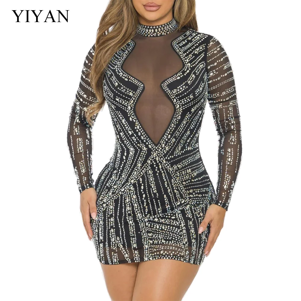 

YIYAN Women Luxury Sparkle Rhinestone Mesh Mini Formal Dresses Long Sleeve Sheath Sexy Bodycon Party Evening Night Club Diamonds