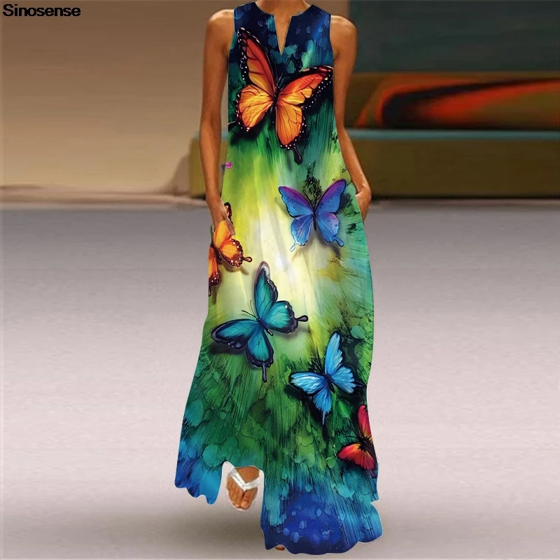 

Women Butterfly Print Summer Boho Beach Long Dress Casual V Neck Sleeveless Tunic A Line Loose Flowy Maxi Dress 3XL 5XL Clothes