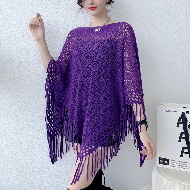 

Spring Autumn New Pullover Cape Women Hollow flower Knitting Poncho Capes Batwing Sleeves Shawls Sunscreen Solid Cloak Purple