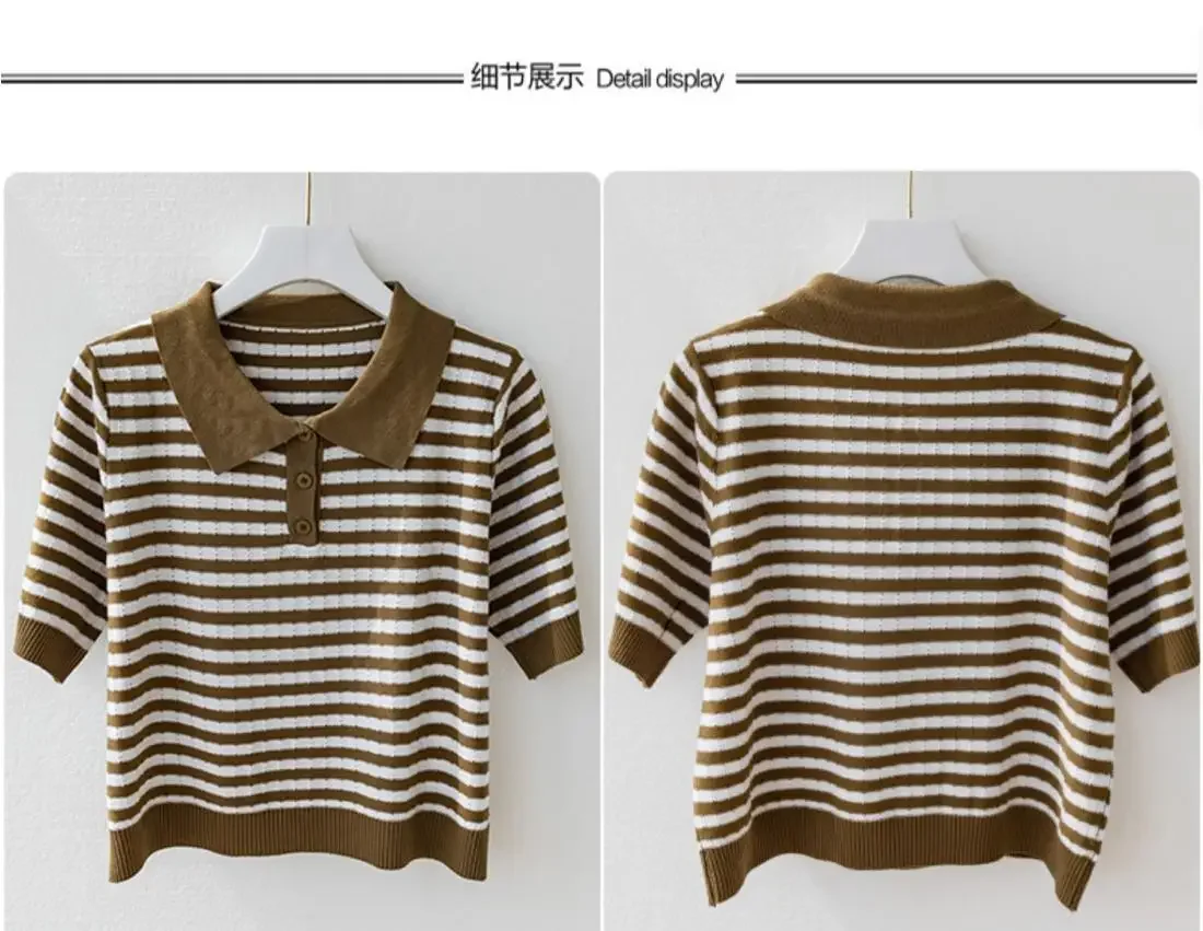 Fashion Women Short Sleeve Striped Knitted Polo Shirts Spring Summer All-match Tees Female Clothing New Pullover Bottoming Tops 45 S0d592f18a606466c84c76d7eb9135f37c