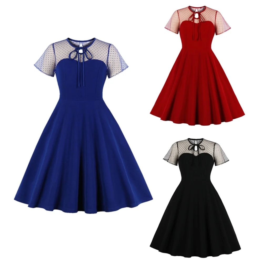 

2023 New Arrival Girl Red Mesh Hollow out Polka Dot Stitching Pettiskirt Large Swing Dress Retro Women