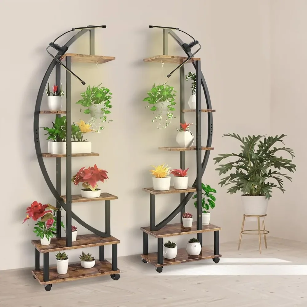 

Высокий металлический стенд для растений, 2 шт., 6 ярусов, для помещений с растущей фотографией, Большая полка для растений в форме полумесяца и съемные колеса
