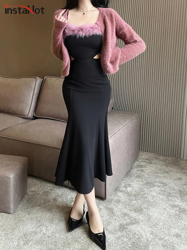 

InstaHot Sexy Long Dress For Women Furry Splice Hollow Out Backless Dresses Folds Solid Elegant Party Night Dress Autumn 2023