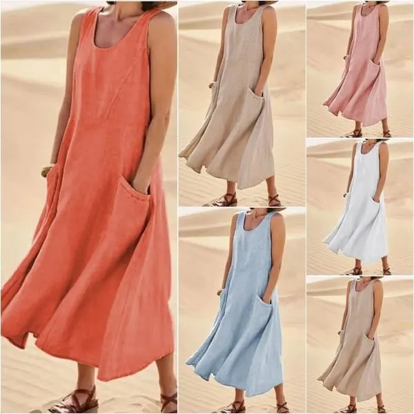 Vintage Sleeveless Tank Dress Women Elegant Round Neck Solid Cotton Linen Vestidos Summer Casual Loose Pockets Long Dresses
Vintage Sleeveless Tank Dress Women Elegant Round Neck Solid Cotton Linen Vestidos Summer Casual Loose Pockets Long Dresses