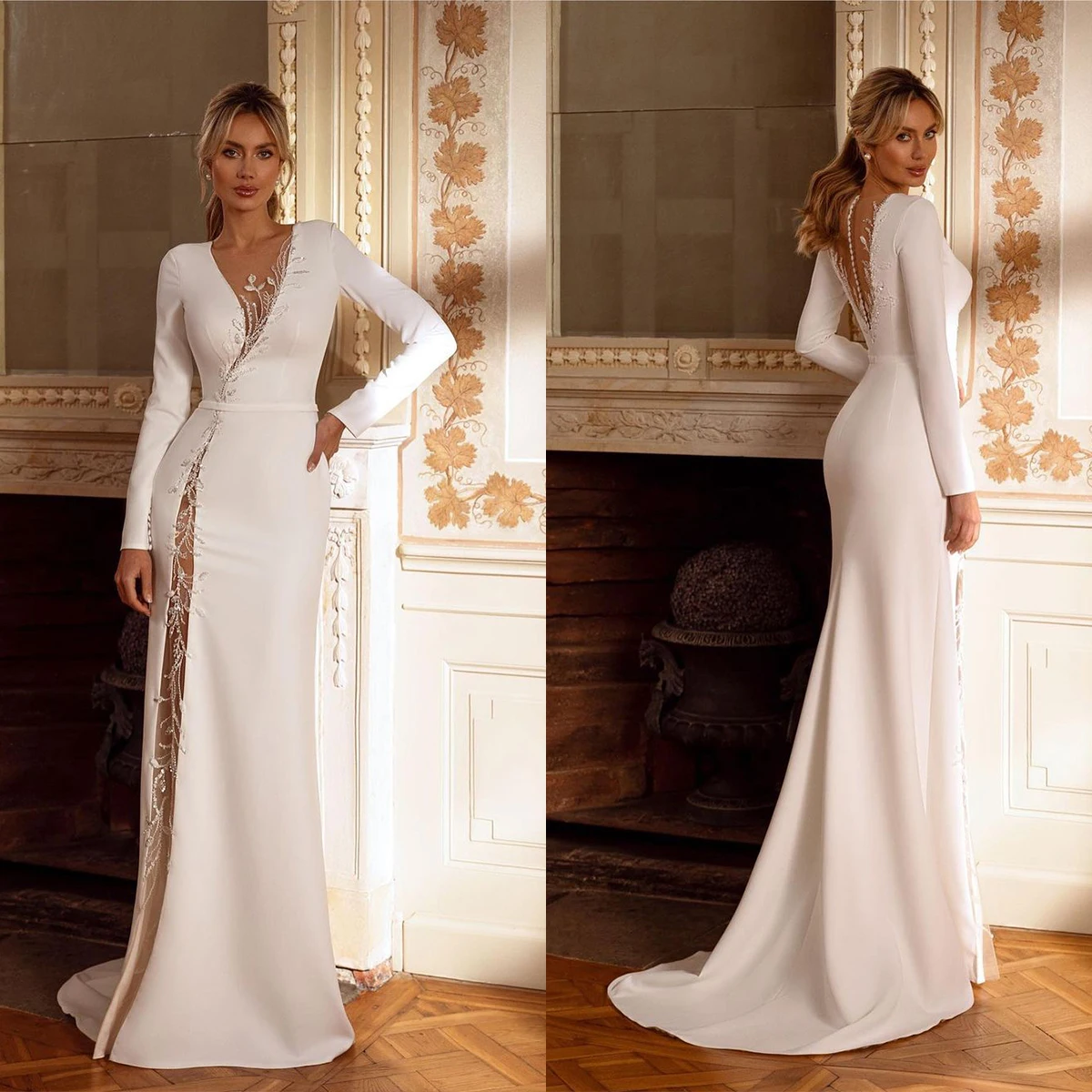 

Elegant Sexy A Line Wedding Dresses V-Neck Side Split Bridal Gown Silk Like Beading Vestido De Novia Sweep Train Custom Size