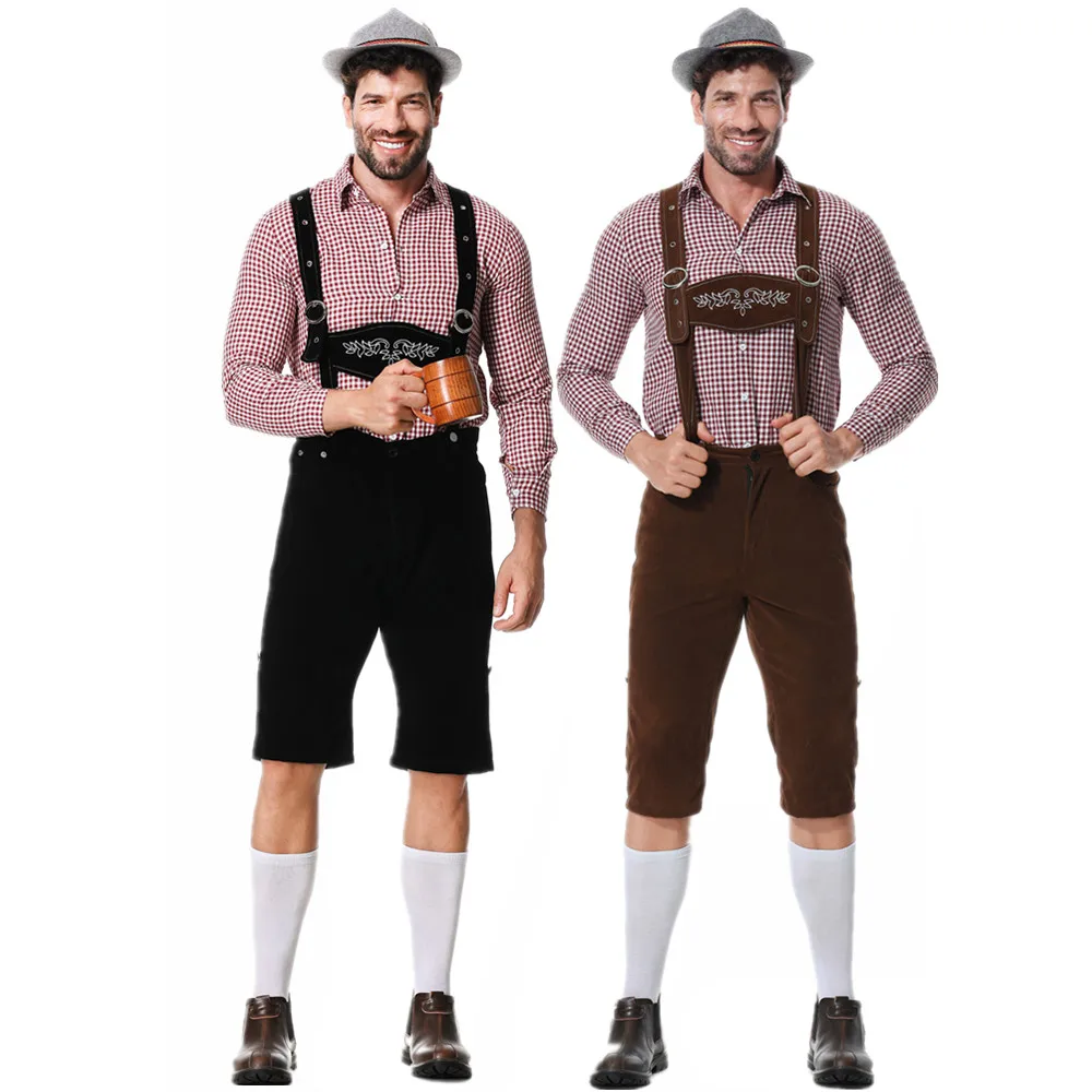 

Men Oktoberfest Lederhosen Costume Suspenders Shorts Shirt Hat German Bavarian Beer Male Cosplay Carnival Halloween Party Outfit