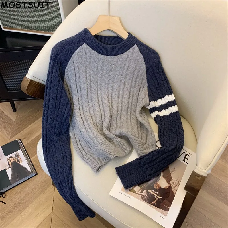 

Twisted Knit Sweater For Women Color Blocking Vintage Stylish Fashion Knitwear Tops 2024 Autumn Winter Long Sleeve O-neck Jumper