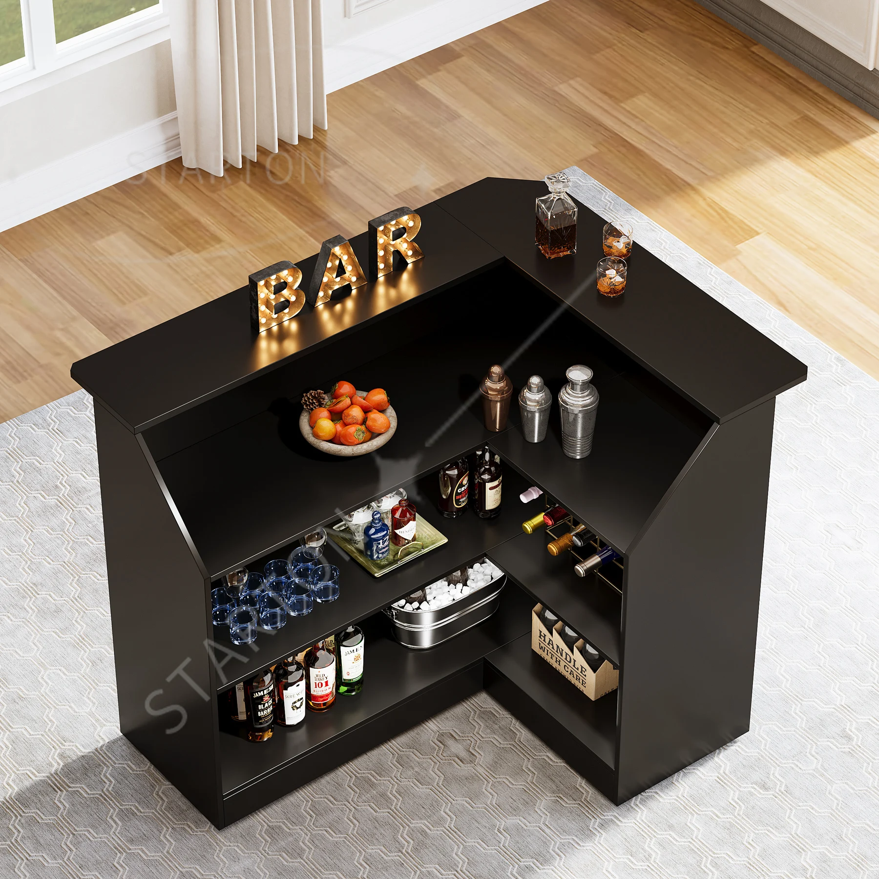 L-Shaped Bar Cabinet, 4-Tier Corner Bar Unit with Stemware Racks L-Shaped Bar Cabinet, 4-Tier Corner Bar Unit with Stemware Racks