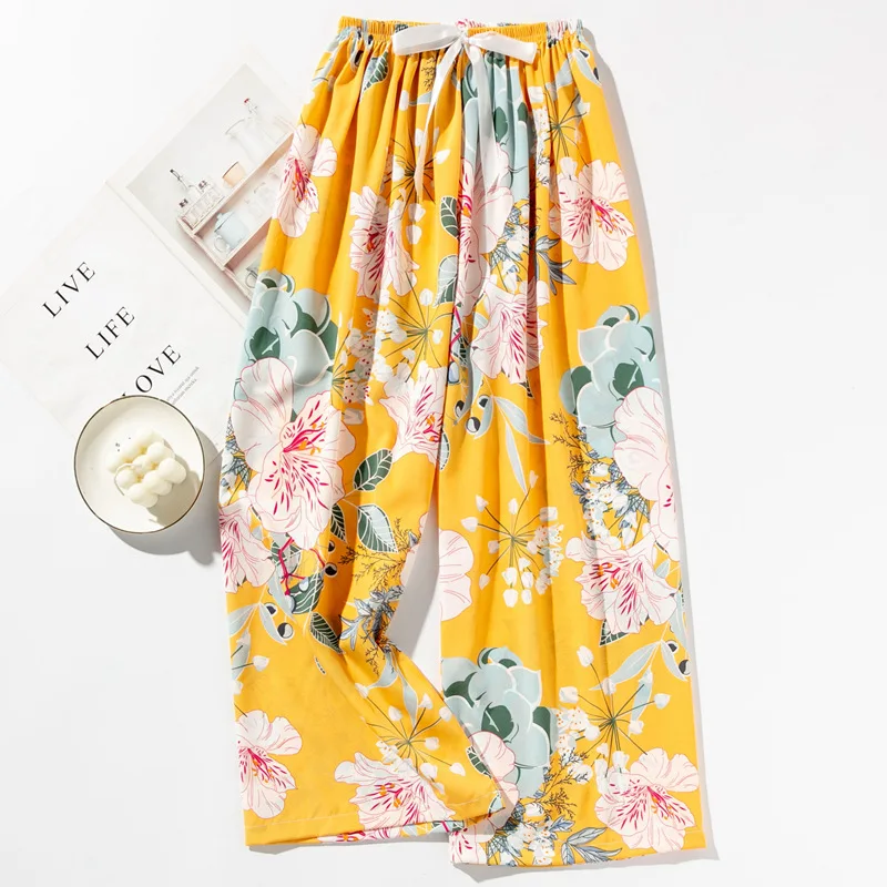 

Spring Summer Women's Thin Cotton Silk Pajama Pants Oversized Loose Fitting Casual Floral Home High Waist Wide Leg Pants