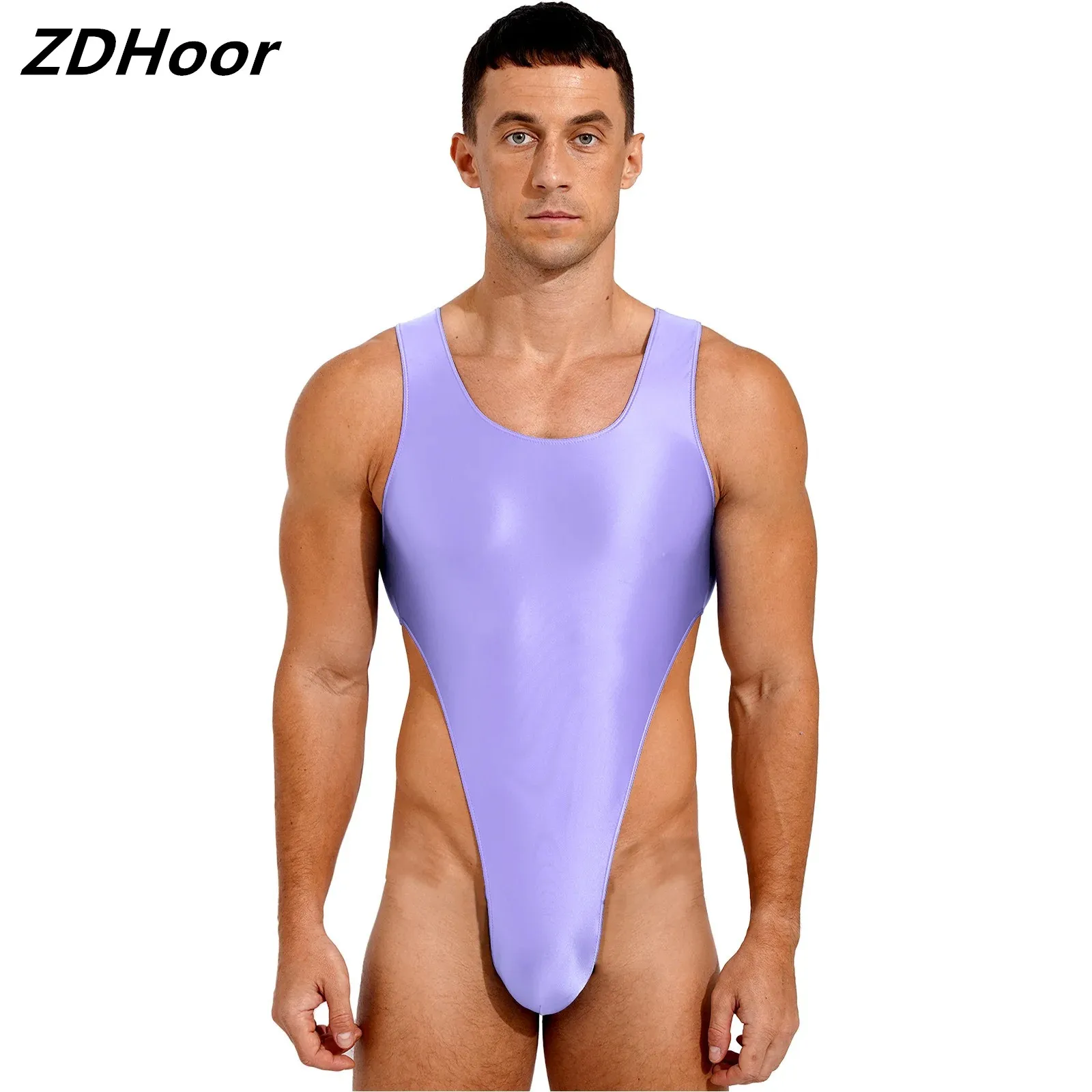 

Men Glossy Stretchy Swimwear U Neck Sleeveless Bodysuit High Cut Leotard One-Piece Swimsuit for Swimming Bodybuilding Exercise