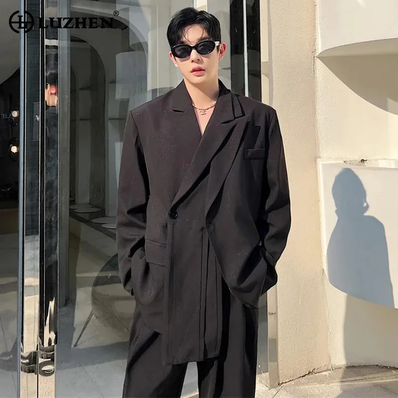 

LUZHEN Korean Stylish Splicing Design Blazer Coat Men's Ribbon Decorate Trendy Street Personality Fake Two Piece 2024 New LZ1633