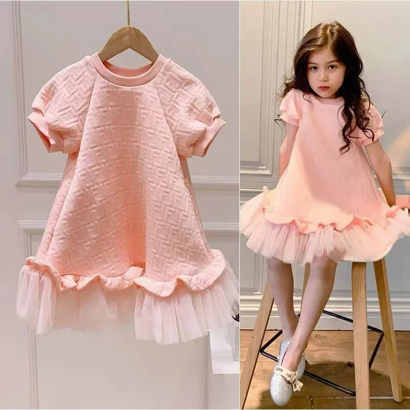 

Baby Girls Dresses Spring Autumn Summer Pink Mesh Prinscess Short Sleeve Dress Children Clothing Girls Casual Dresses For 1-12y