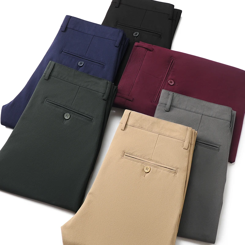 

2024 New Men's Business Casual Straight Pants Micro Elastic Burgundy Khaki Black Classic Fashion Brand Four Seasons Trousers