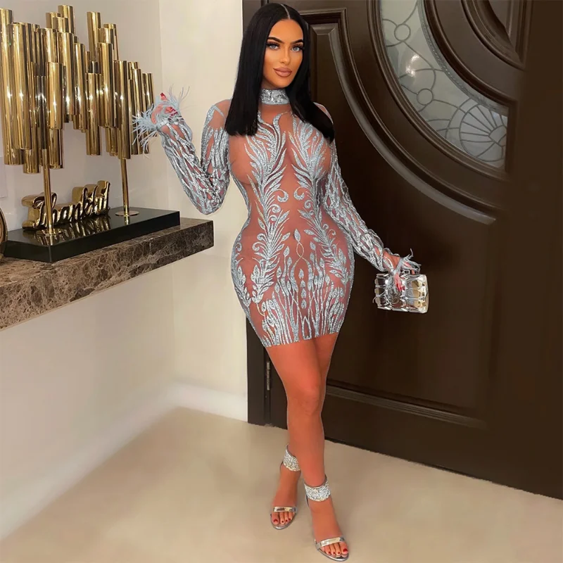 Sheer Mesh Sequins Patchwork Bodycon Mini Dress Club Party Women Feathers Long Sleeve Vestidos Slim Birthday Evening Outfits
Sheer Mesh Sequins Patchwork Bodycon Mini Dress Club Party Women Feathers Long Sleeve Vestidos Slim Birthday Evening Outfits