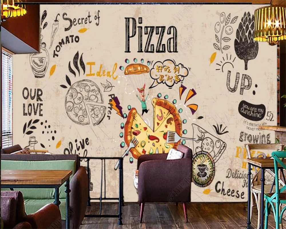 

beibehang Customized modern high-definition hand-painted pizza shop brick wall, work equipment, catering background wallpaper